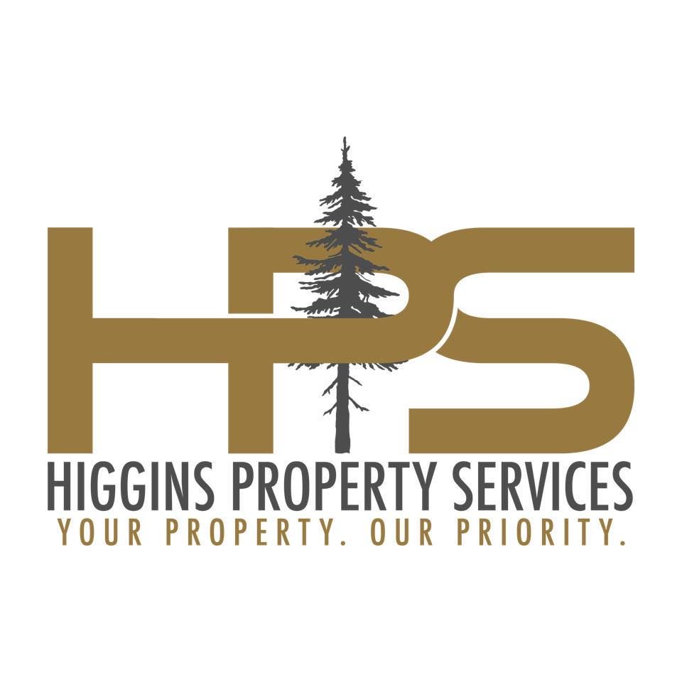 Higgins Property Services logo with gold HPS letters, pine tree, and tagline "Your property. Our priority."