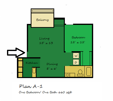 One Bedroom, One Bathroom Floor Plan