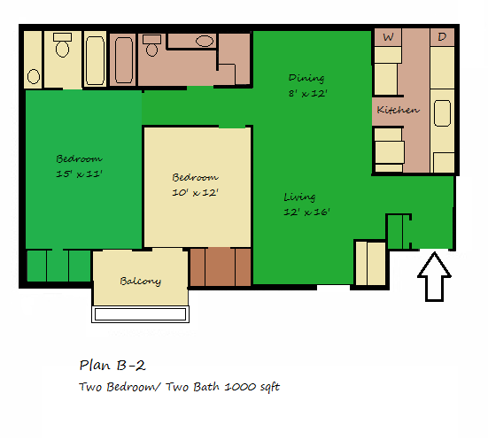 Two Bedroom, Two Bathroom Floor Plan