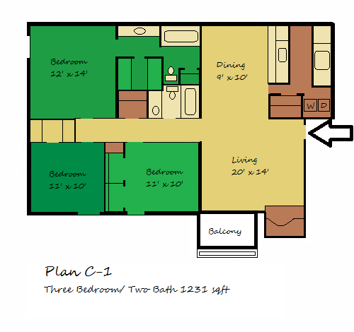 Three Bedroom, Two Bathroom Floor Plan