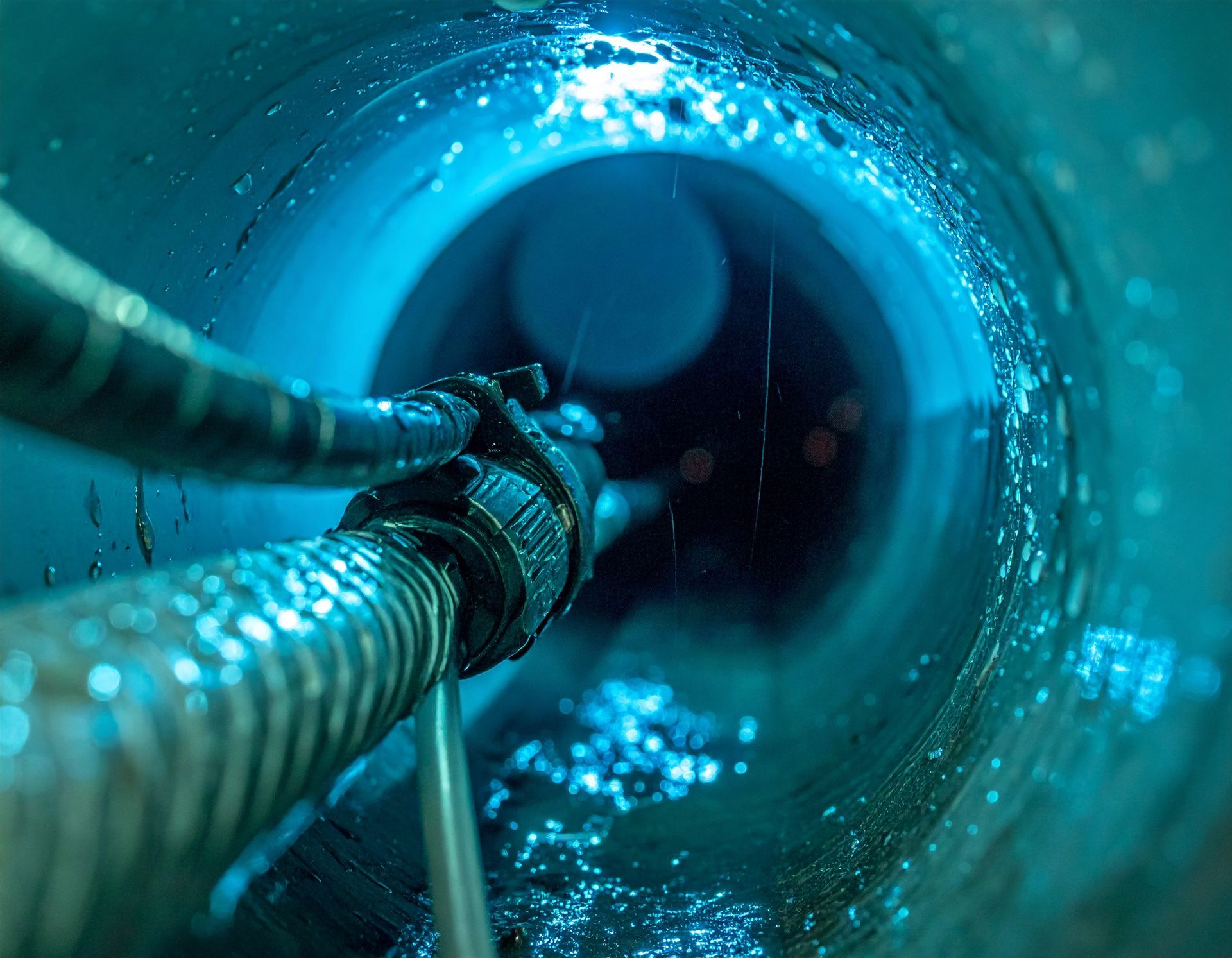 Blue view inside a pipe with a hose and tool extending into the circular tunnel