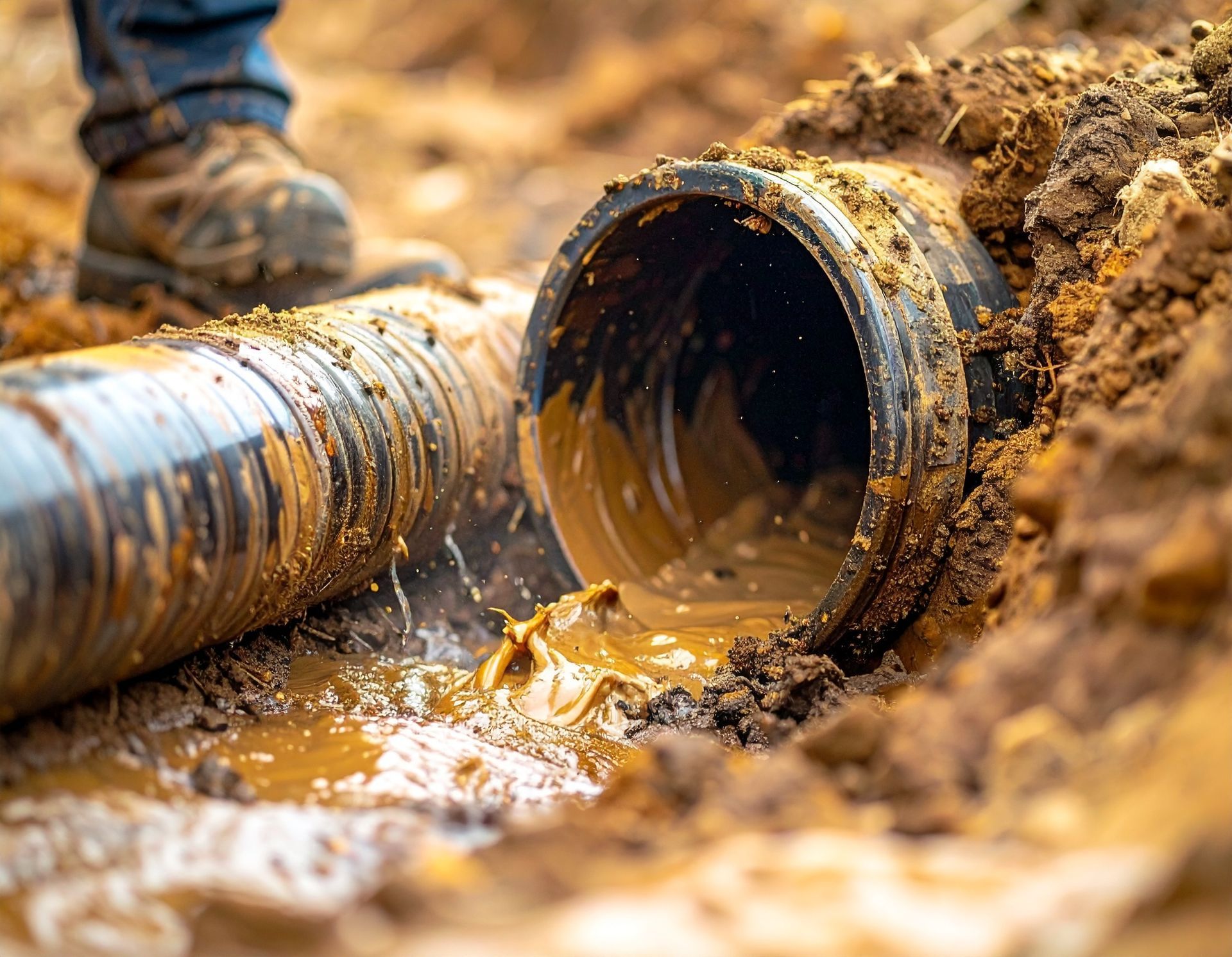 Broken muddy pipe leaking water in a trench, with a worker’s boot nearby