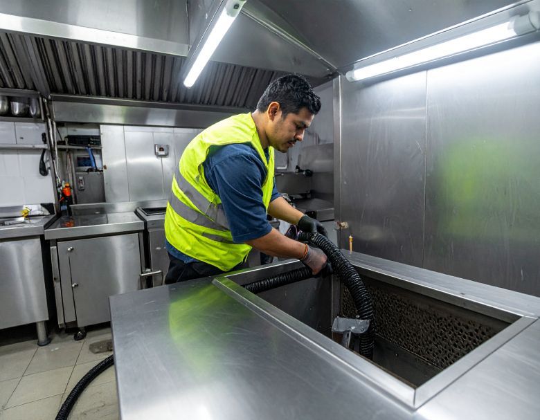 Worker in a high-visibility vest cleaning a stainless steel kitchen sink
