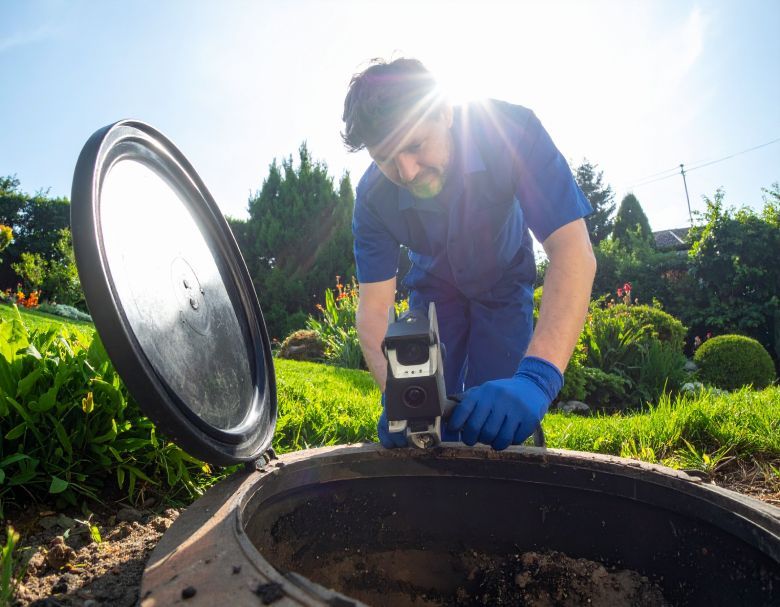 Person in blue gloves inspecting a circular tank outdoors in bright sunlight.