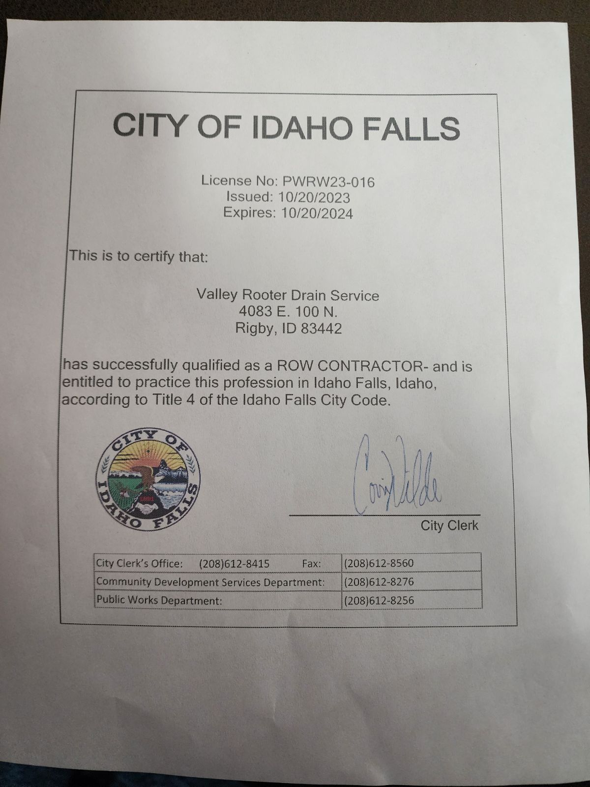 A City of Idaho Falls ROW contractor license for Valley Rescue Drain Service, issued in 2023.