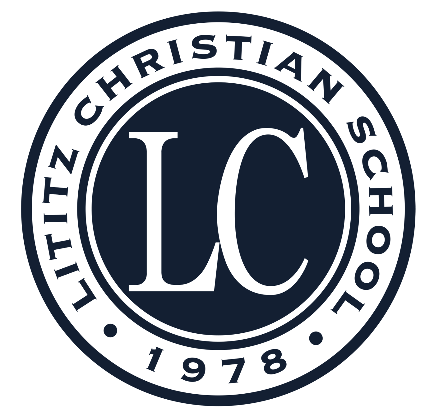 Lititz Christian School logo: navy blue and white circular emblem with