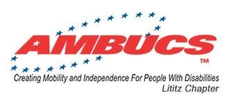 Logo of AMBUCS, red text, blue stars in a circle, and the words 