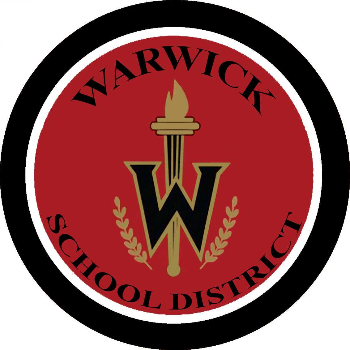 Warwick School District logo: red circle with black border, gold torch and W, text