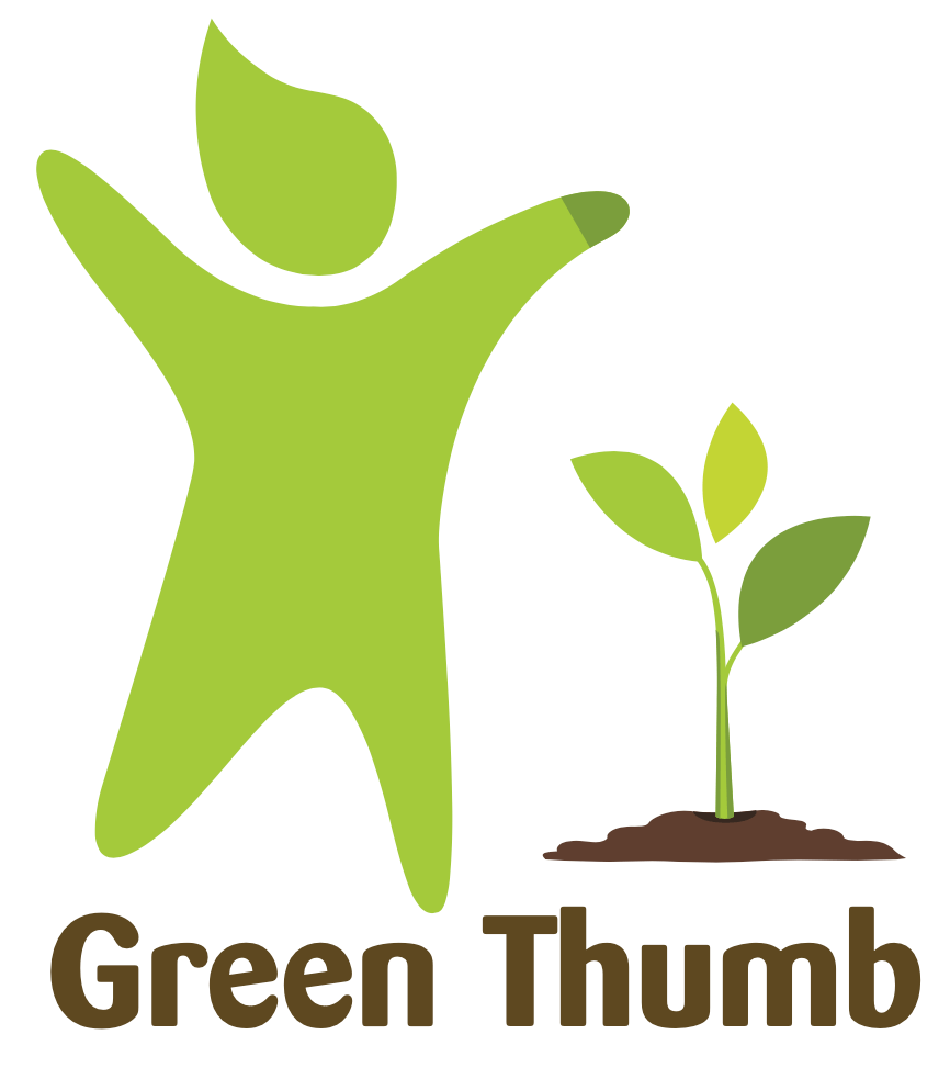 Green figure with arms raised, leaf-shaped head, and a small plant. 