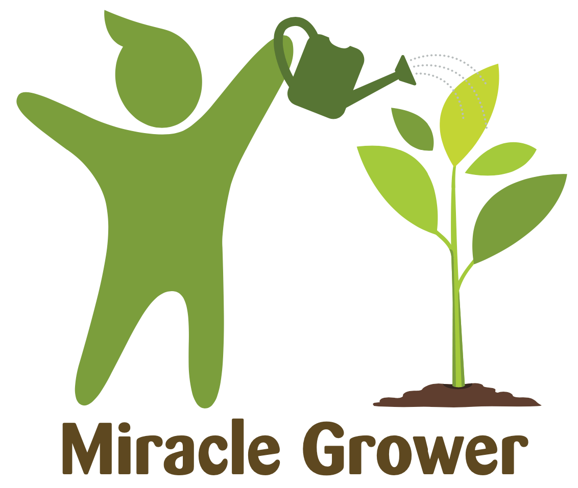 Green figure watering a growing plant with a watering can. 