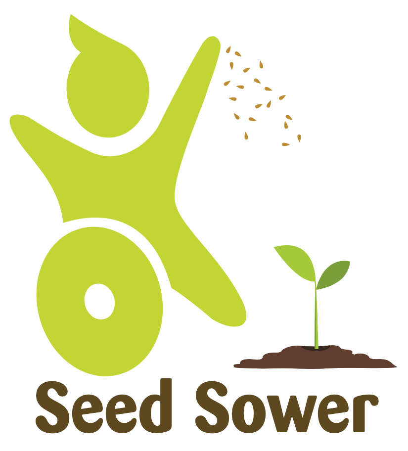 Green figure scattering seeds, near a sprouting plant, “Seed Sower” text below.