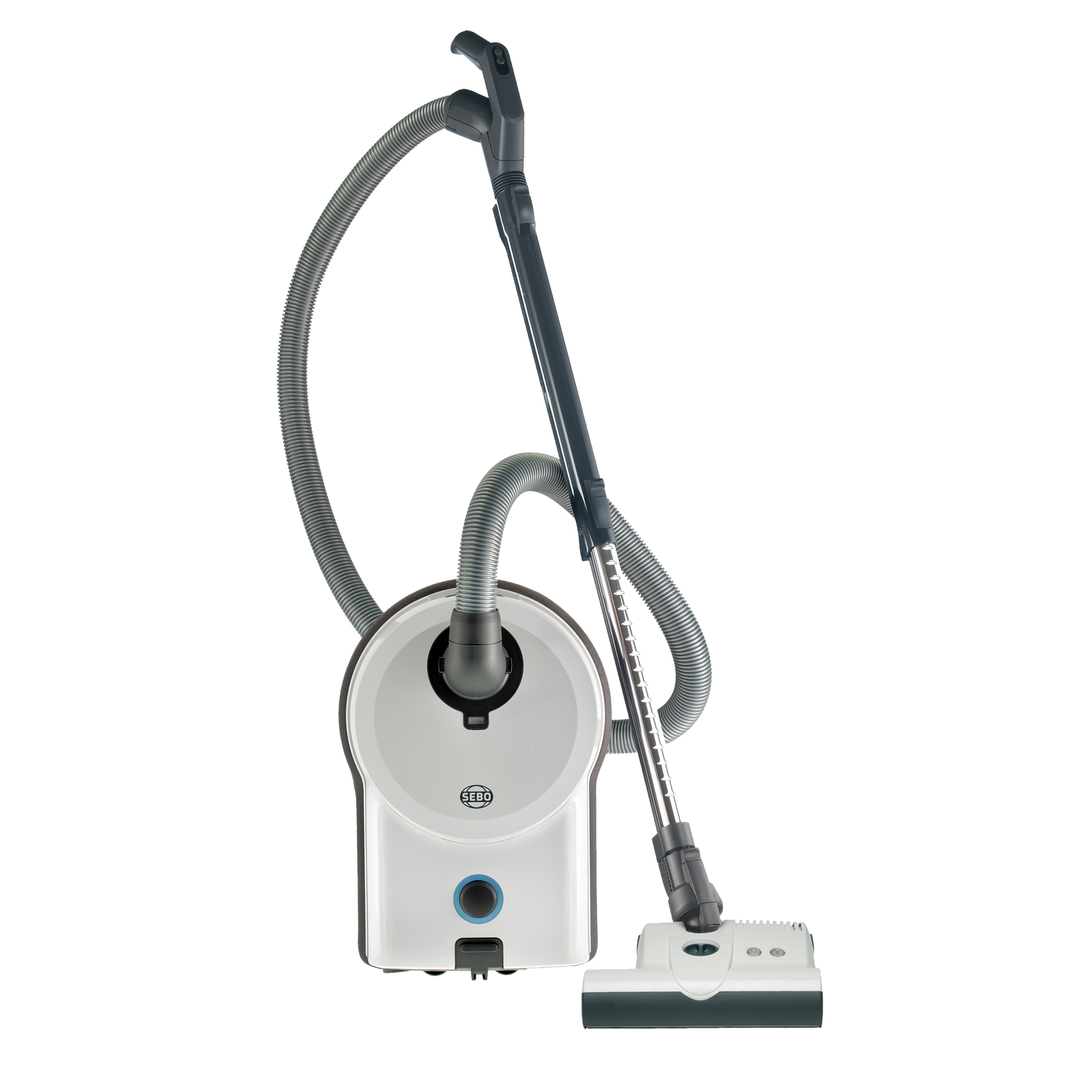 Red canister vacuum cleaner with hose and floor nozzle on a white background