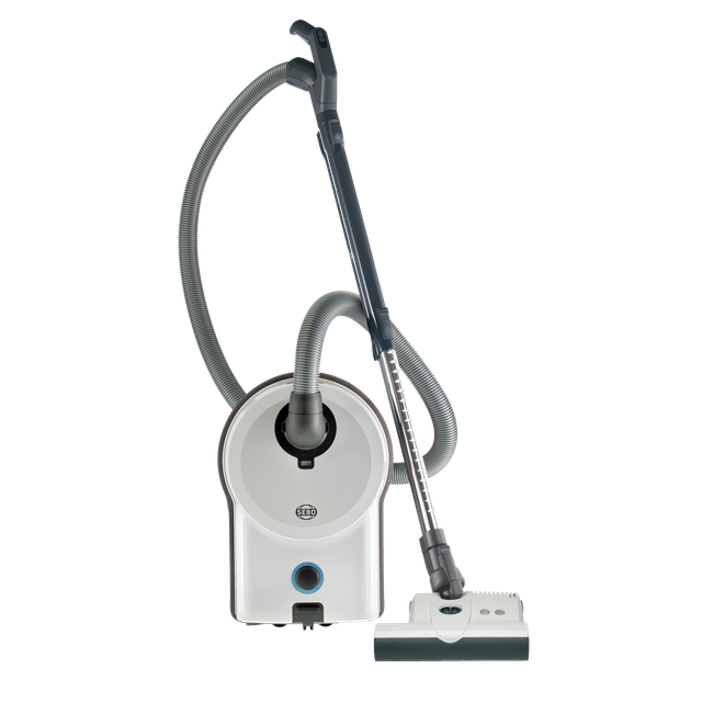 Red canister vacuum cleaner with hose and floor nozzle on a white background