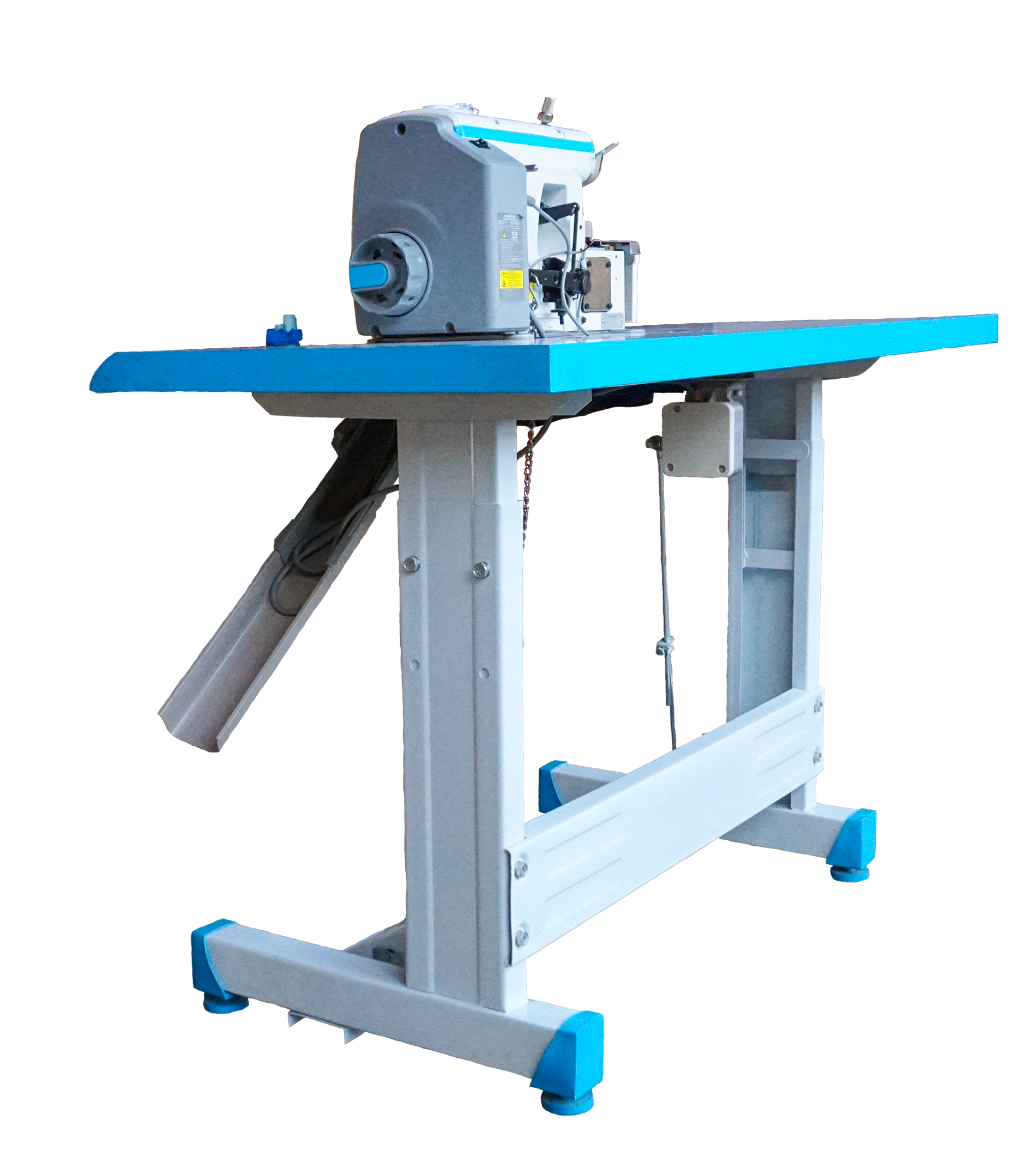 Blue industrial sewing machine on a wheeled metal stand with a slanted tube attached