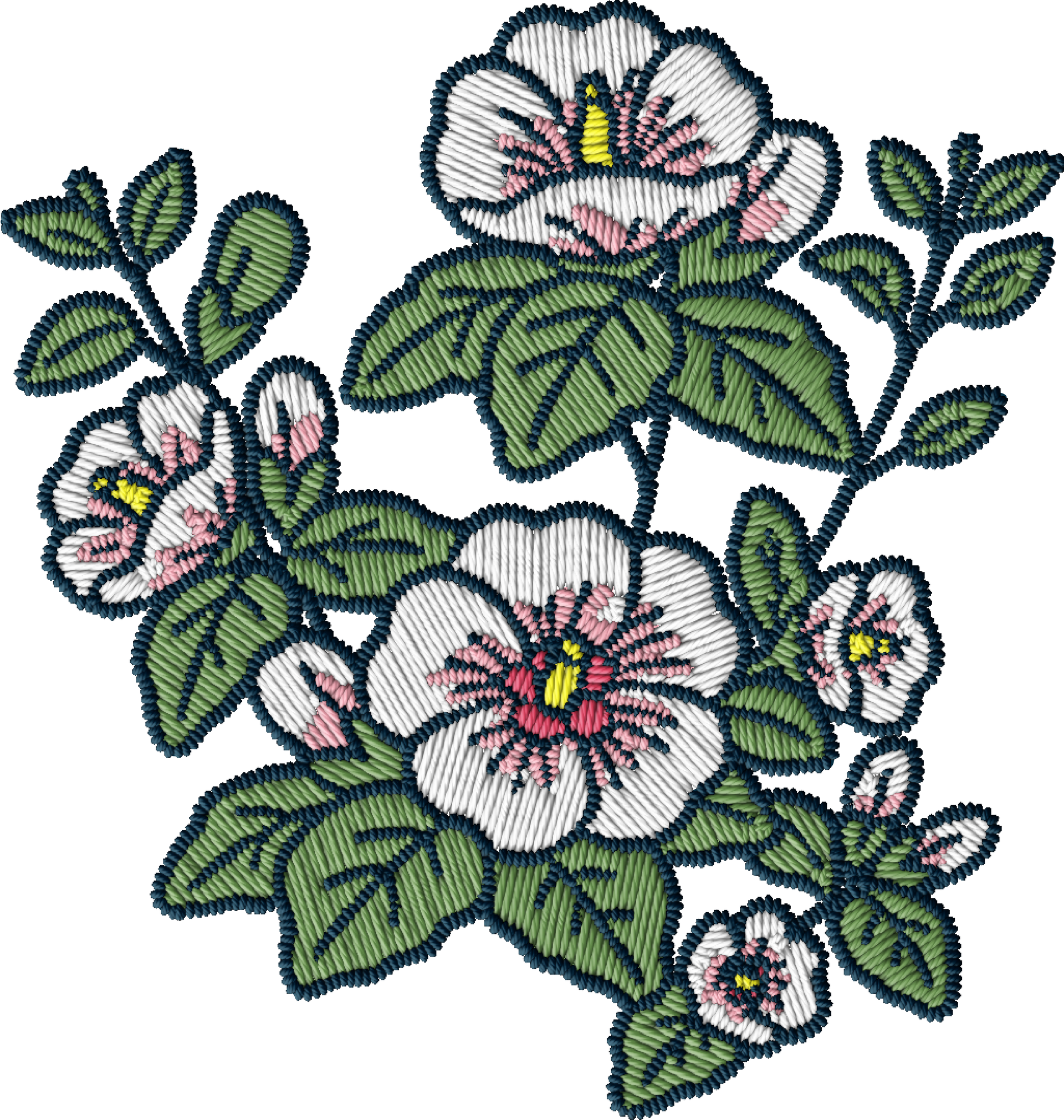 Illustrated pink and white flowers with green leaves in a decorative floral cluster.