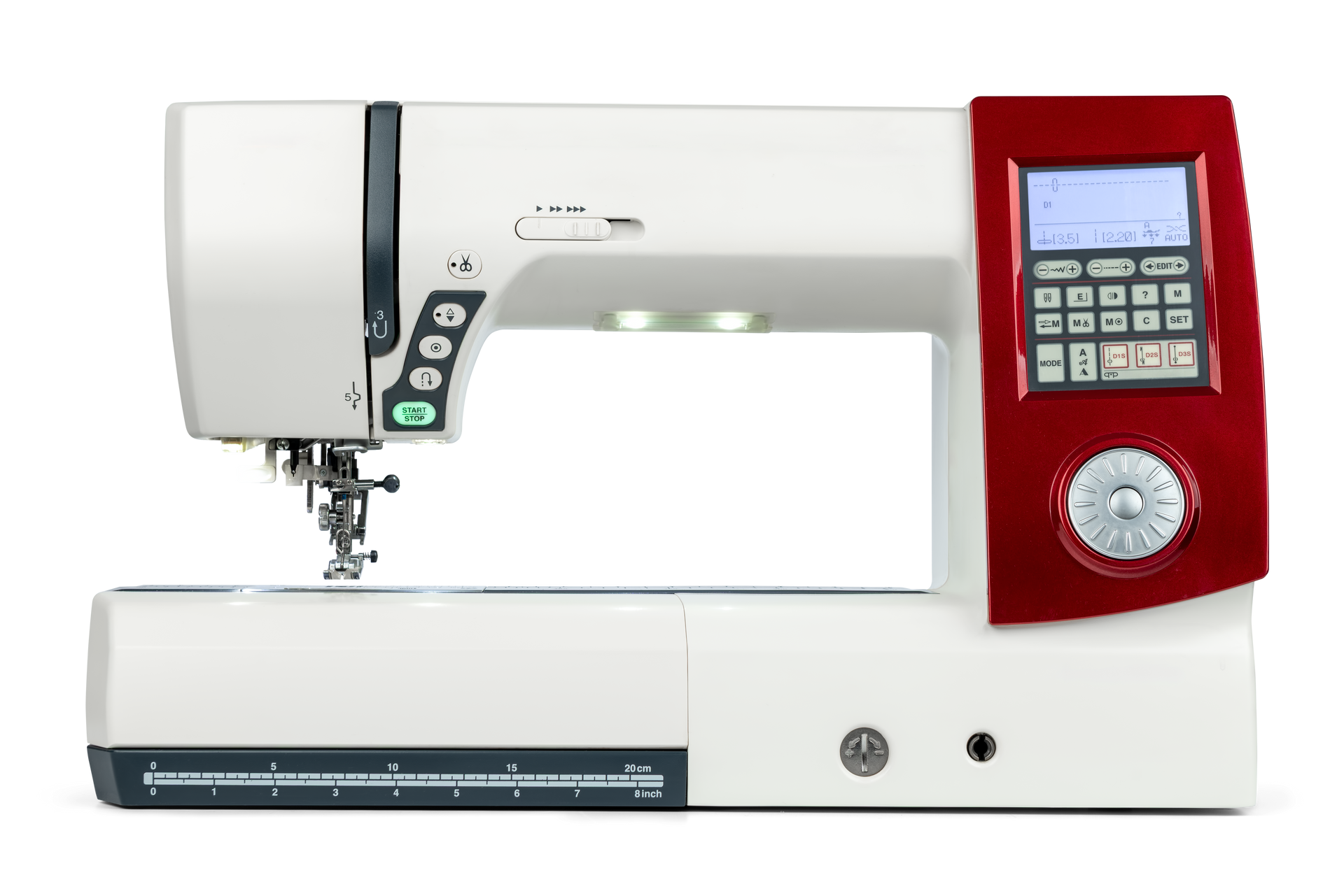 White-and-red sewing machine with digital display and control panel