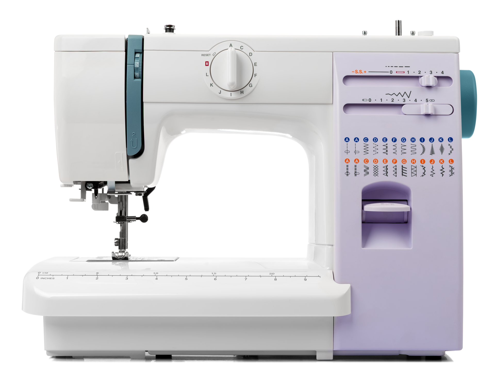 White and lavender sewing machine with dials, stitch settings, and a free arm on a tabletop.