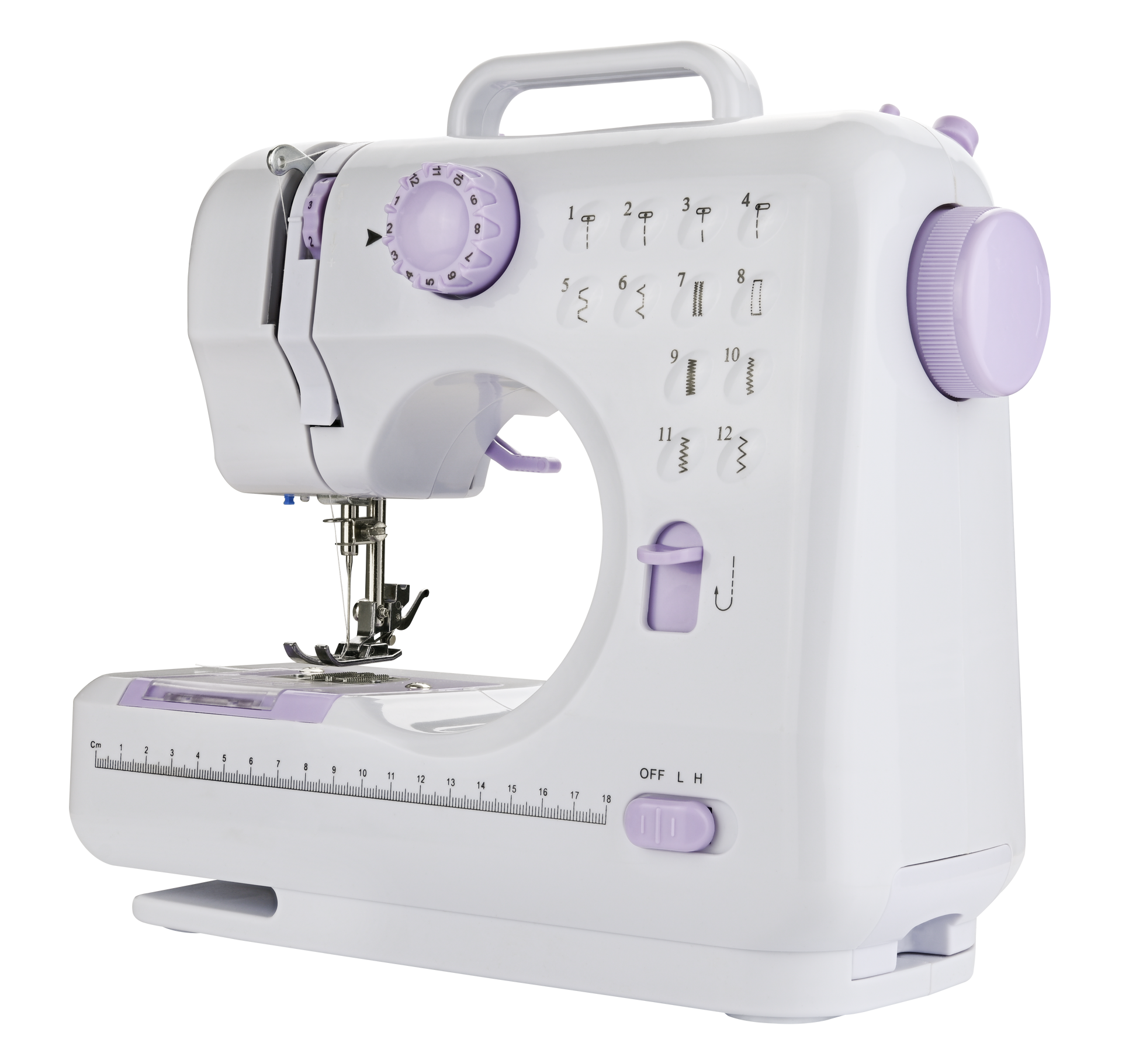 White and lavender portable sewing machine with handle and stitch controls