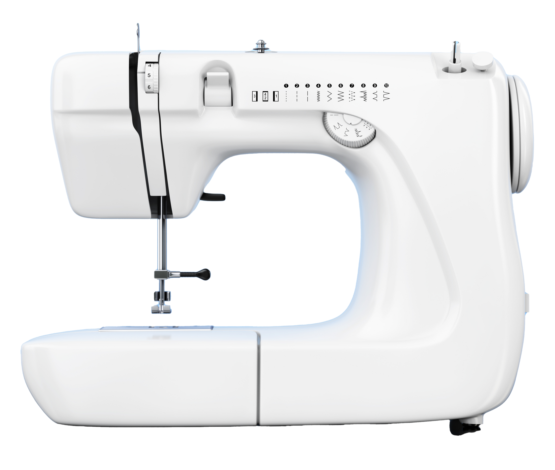 White sewing machine in side view with black stitch controls and needle arm