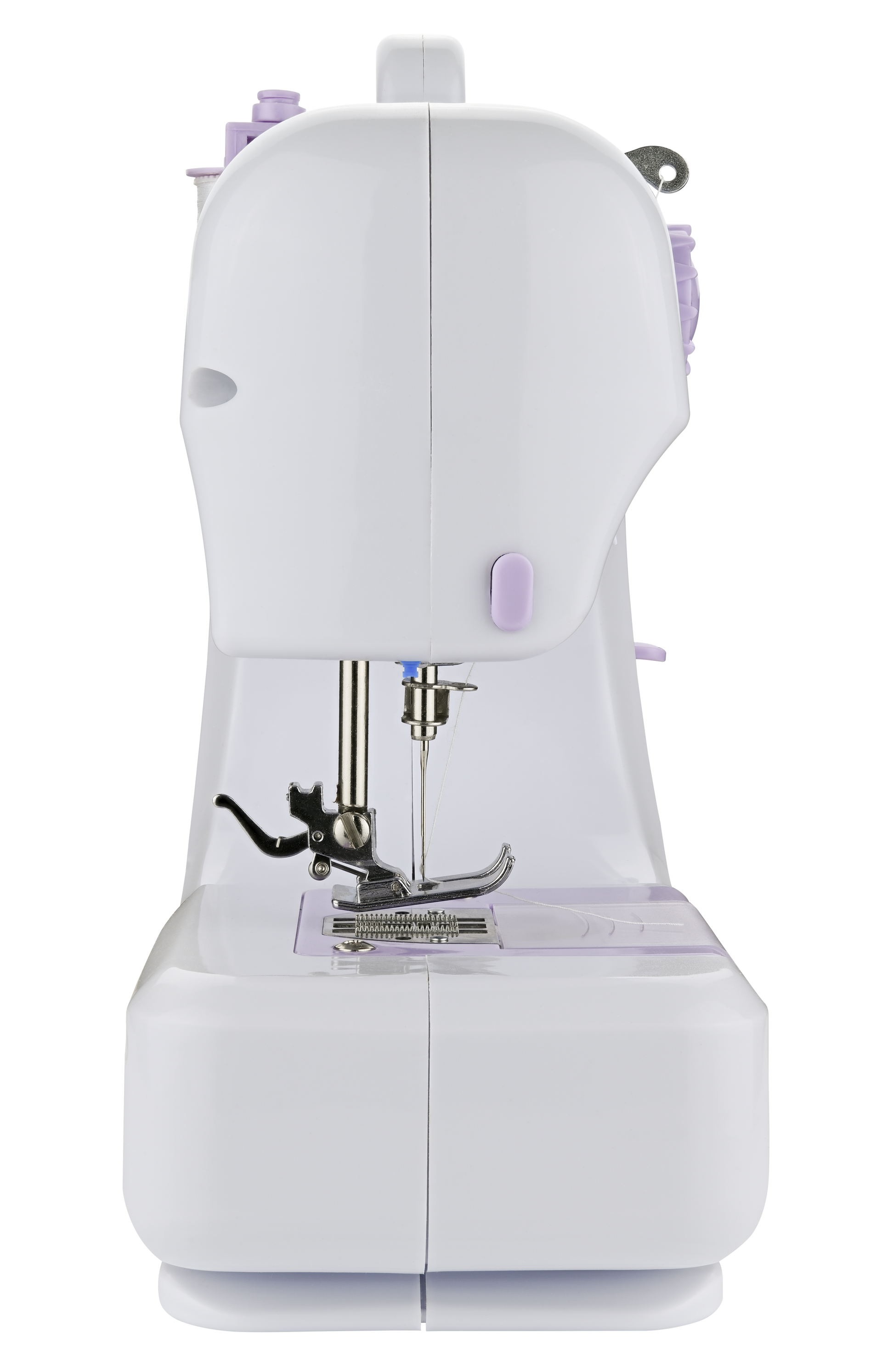 White sewing machine with purple accents on a white background