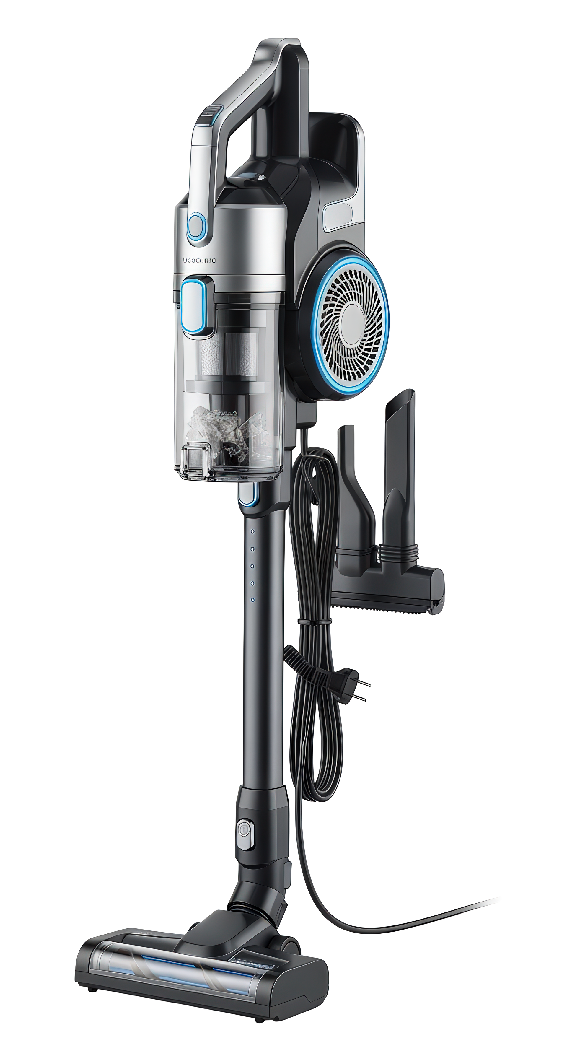Upright cordless vacuum cleaner with attachments, shown on a white background