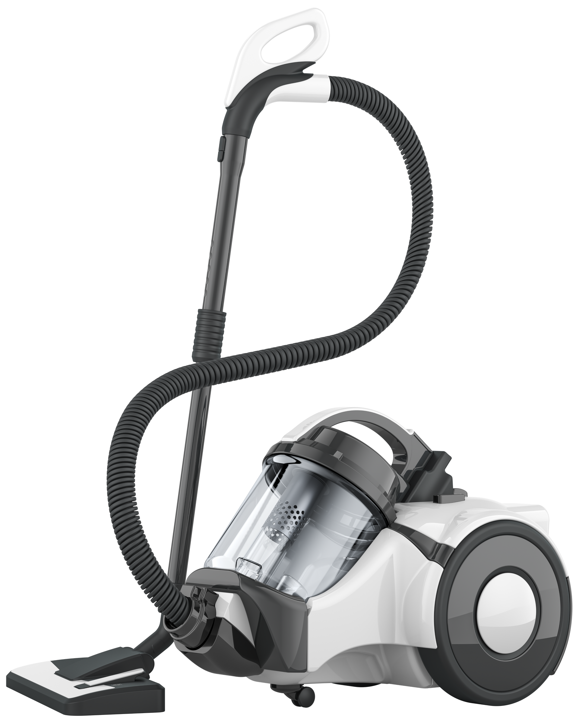 Silver and gray canister vacuum cleaner with hose and floor head on a white background
