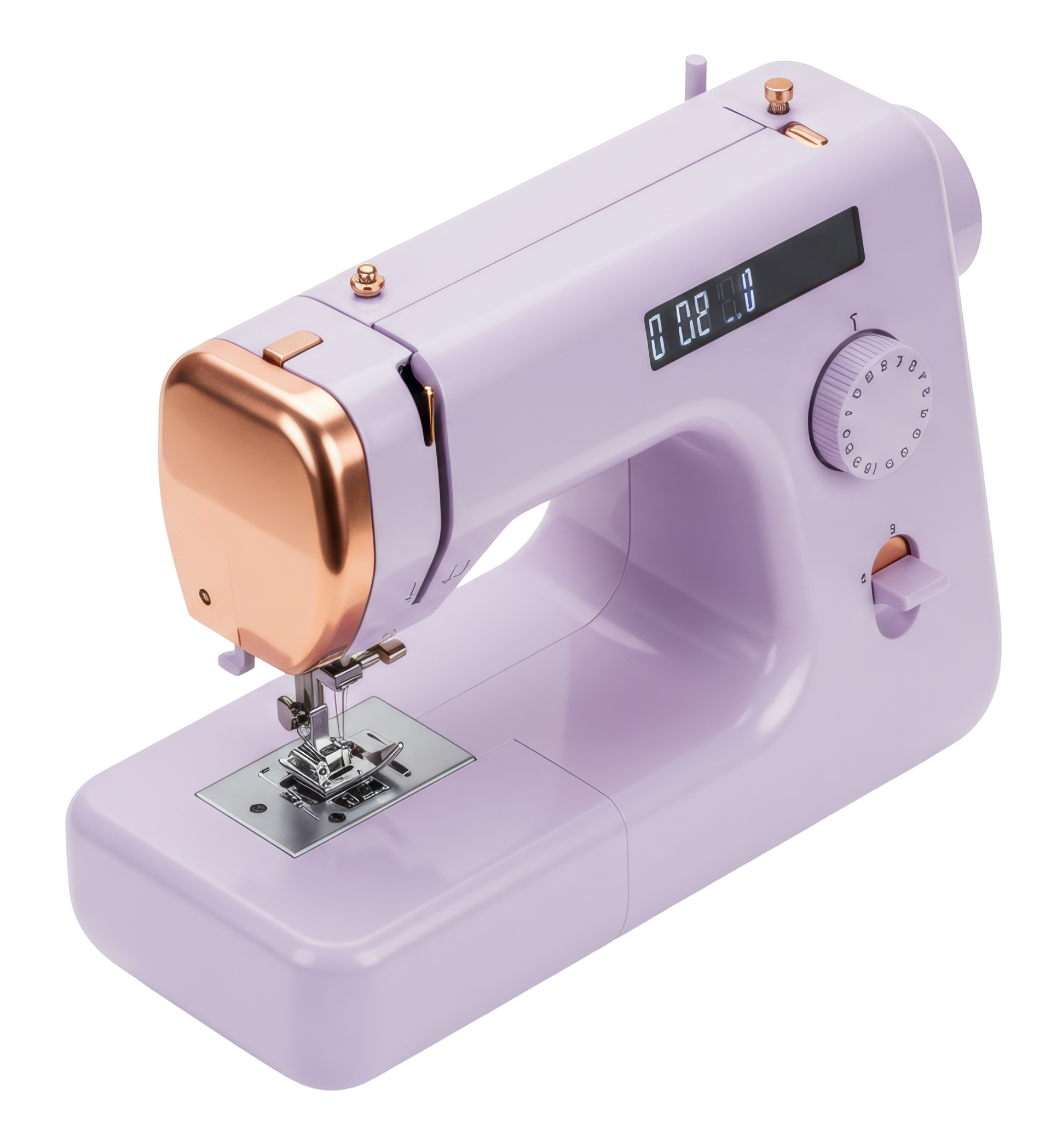 Compact lavender and rose-gold mini sewing machine on a white background