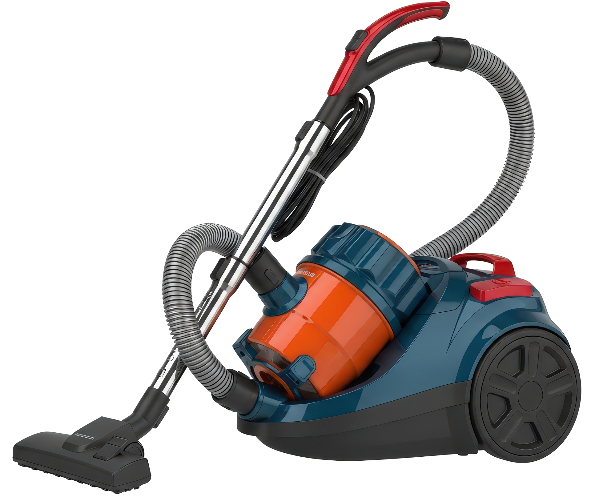 Blue and orange canister vacuum cleaner with hose and floor nozzle on a white background