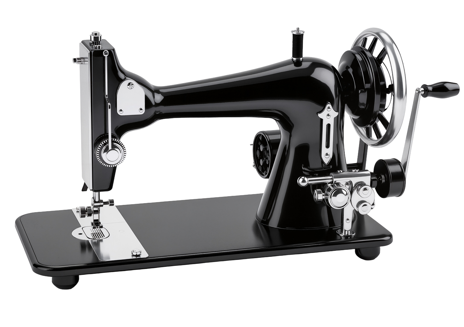 Black vintage sewing machine with hand crank on a glossy base, isolated on white background