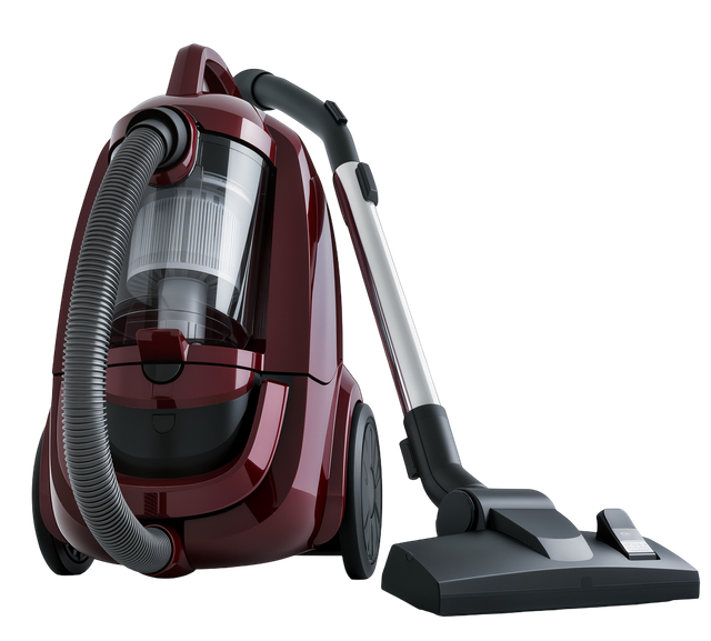 Red canister vacuum cleaner with hose and floor nozzle on a white background