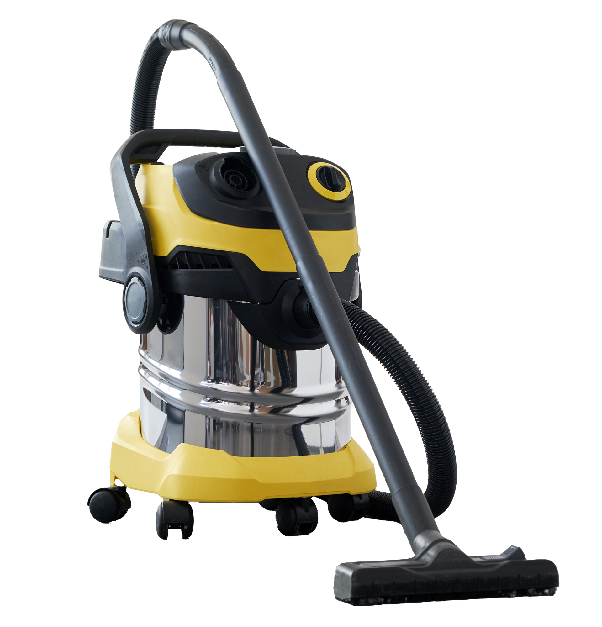 Yellow and black wet/dry vacuum cleaner with hose and floor nozzle