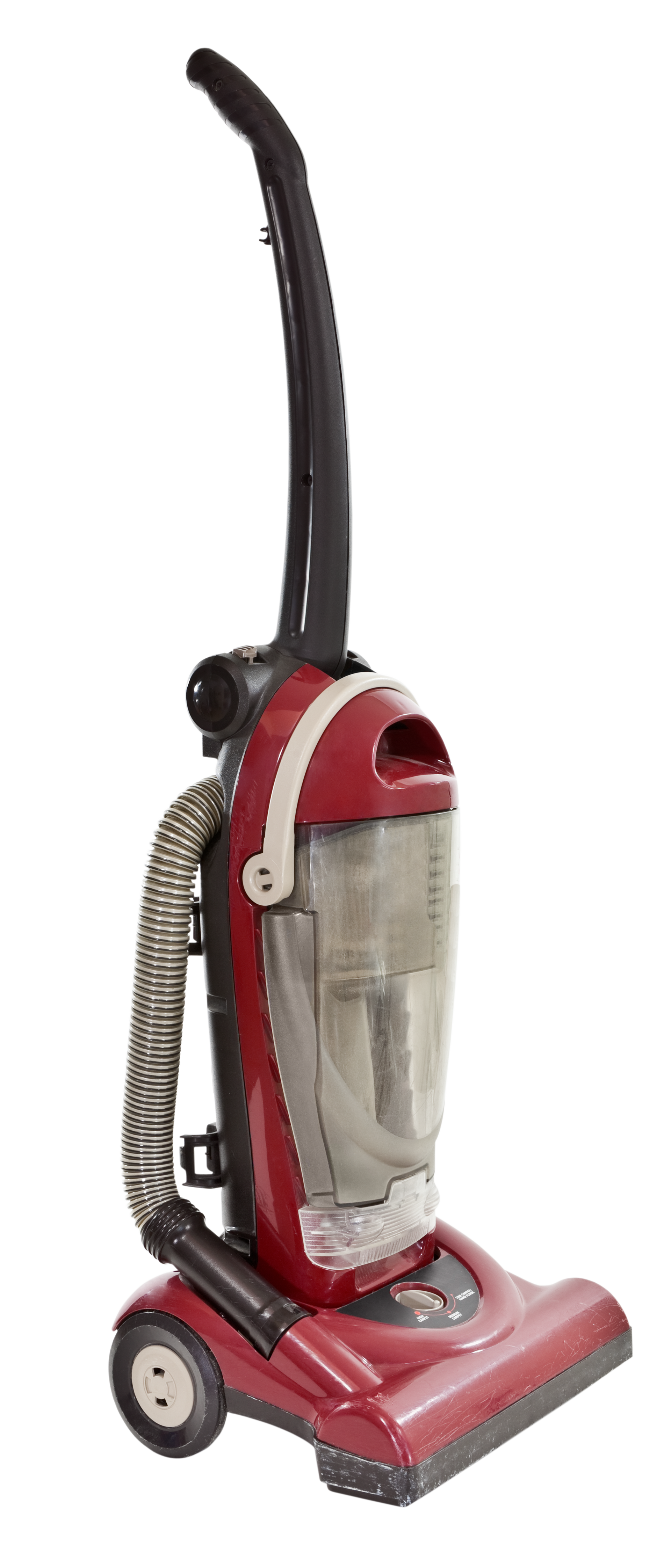 Red upright vacuum cleaner with a black hose and gray canister on a white background