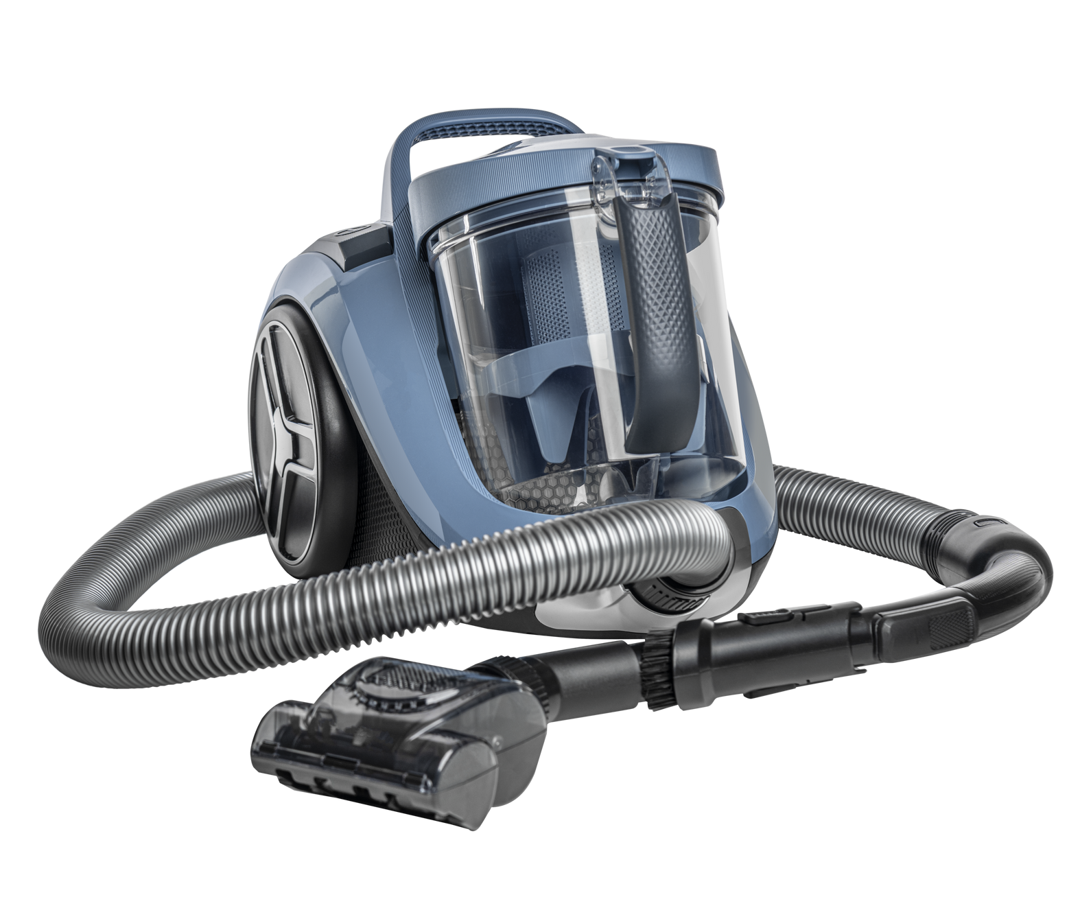 Blue and gray canister vacuum cleaner with hose and floor nozzle on a white background