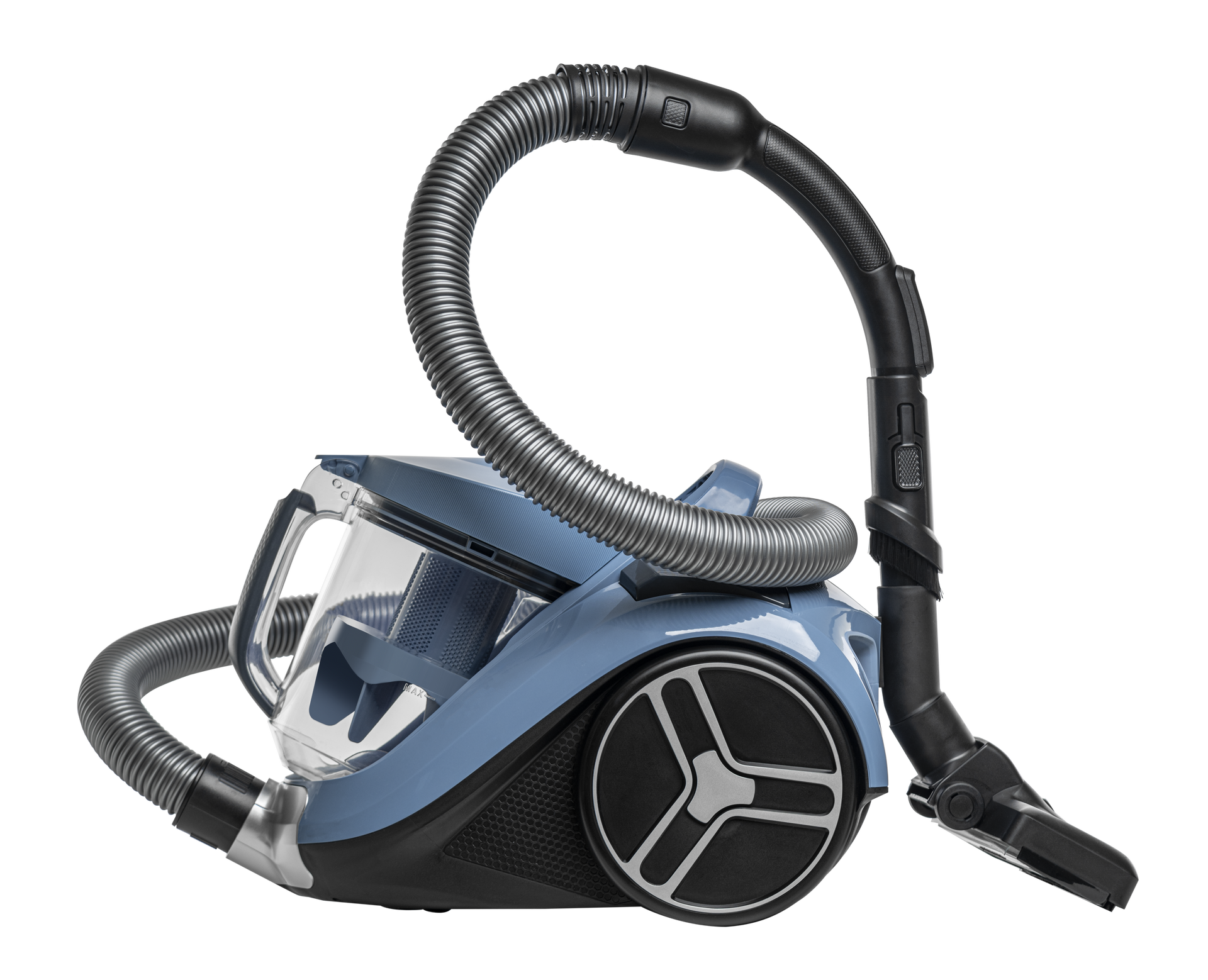 Blue canister vacuum cleaner with hose and floor nozzle on a white background