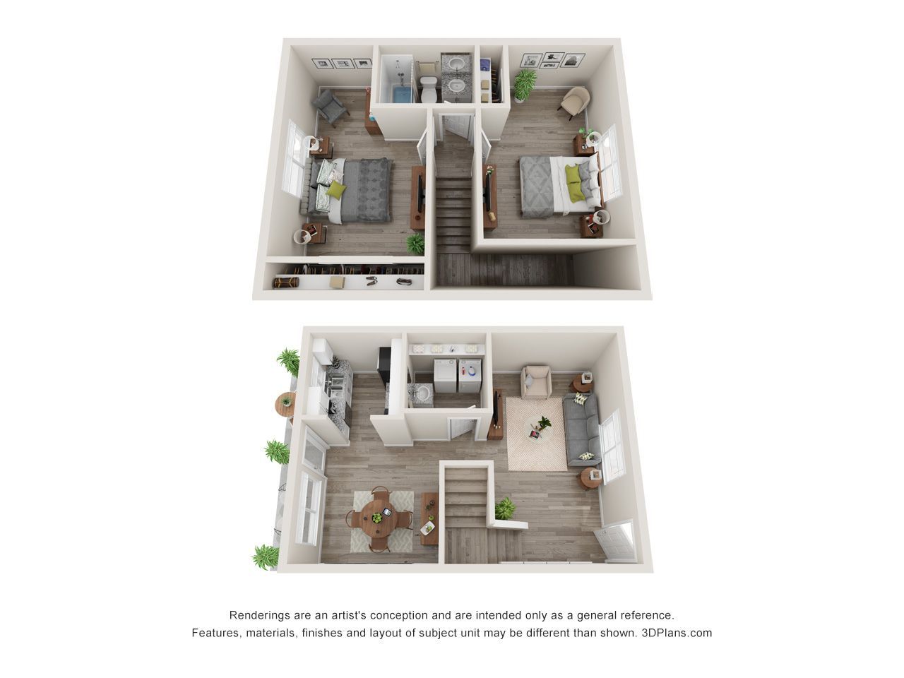 3D apartment floor plan showing two-bedroom layout with living room, kitchen, and bath areas