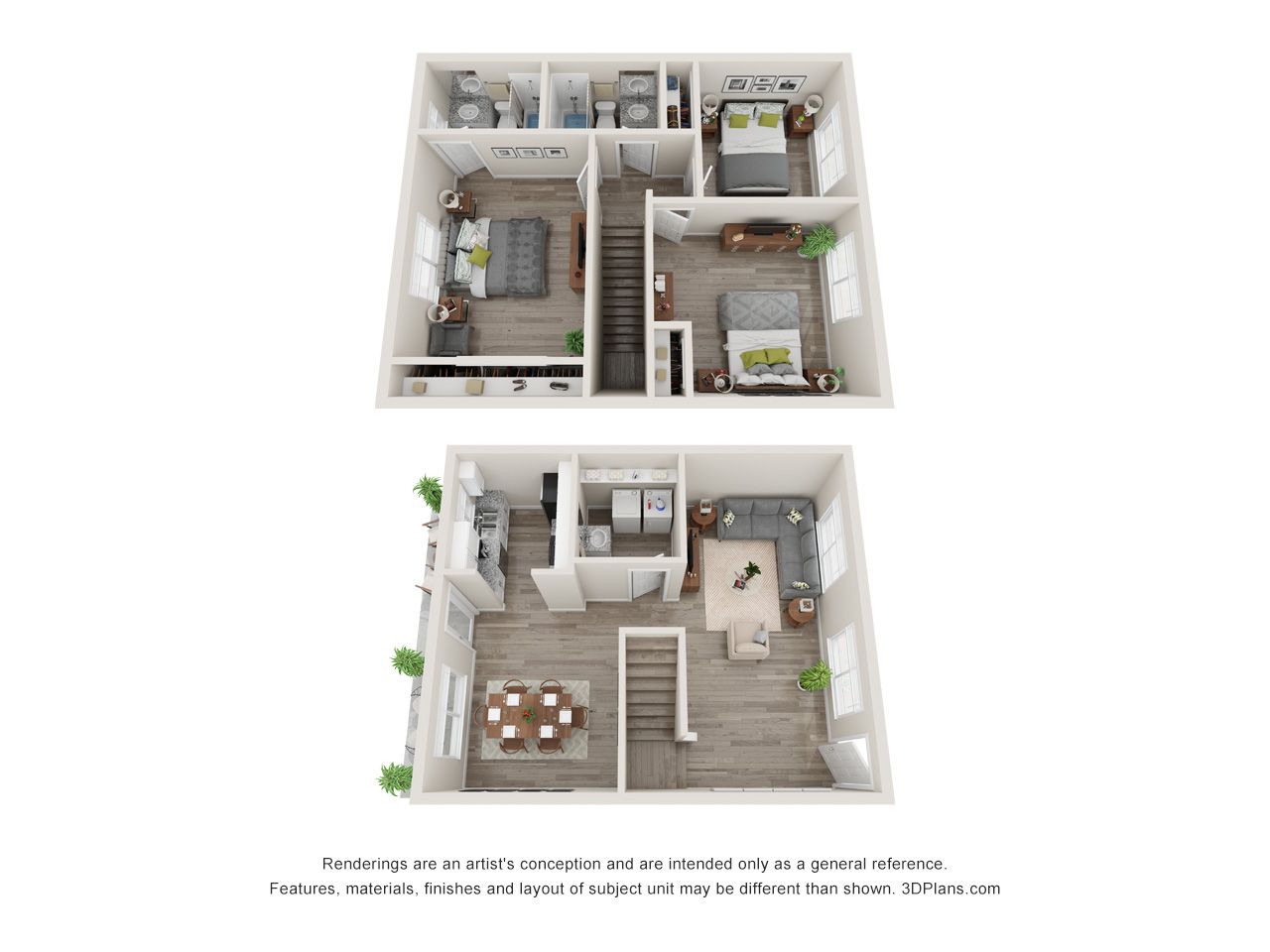 Two 3D apartment floor plans, one overhead and one furnished with stairs and rooms.