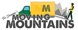 Logo for Tre Dempsey's Moving Mountains featuring a green truck, yellow trailer with "MM," and a person using a hand truck.