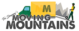 Logo for Tre Dempsey's Moving Mountains featuring a green truck, yellow trailer with "MM," and a person using a hand truck.