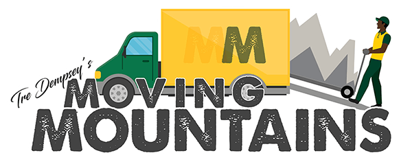 Logo for Tre Dempsey's Moving Mountains featuring a green truck, yellow trailer with "MM," and a person using a hand truck.
