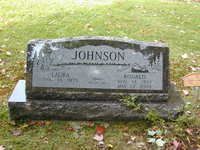 Gray granite gravestone marked “JOHNSON” in a grassy cemetery