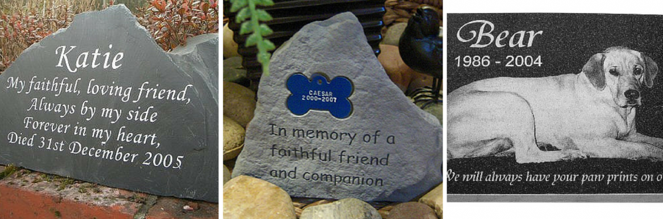 Three engraved pet memorial stones; one for Katie, one for a blue paw print, and one for Bear with a dog photo.