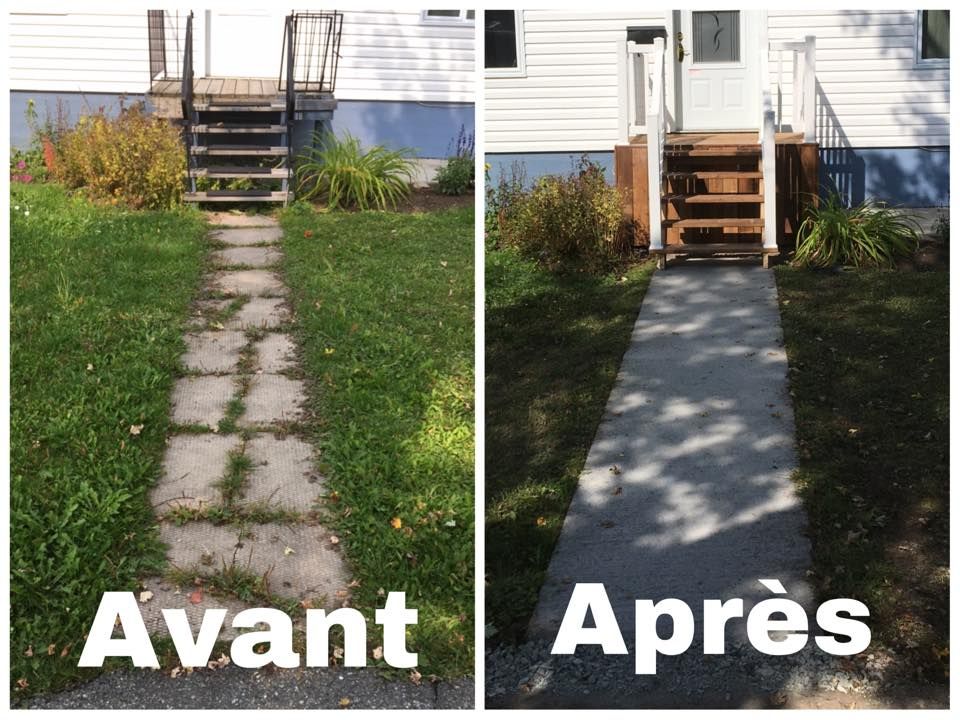 Photos avant/après d'une allée et d'un escalier. À gauche, une allée en pierre fissurée et un escalier abîmé par les intempéries ; à droite, une allée pavée et un nouvel escalier en bois.