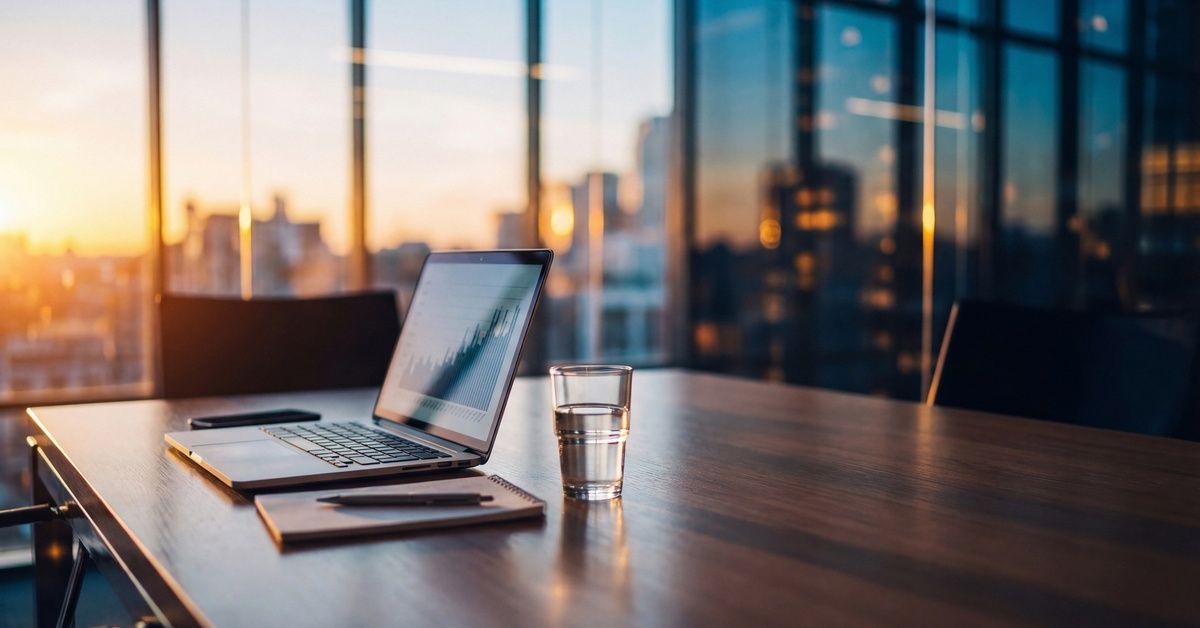 A laptop is sitting open on a desk. There is a wall of windows overlooking a city, and the sun is lo