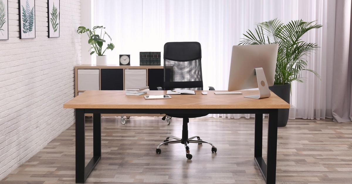 A desk with a chair and computer sits in the middle of a private office with shelves, wall paintings, and a plant.