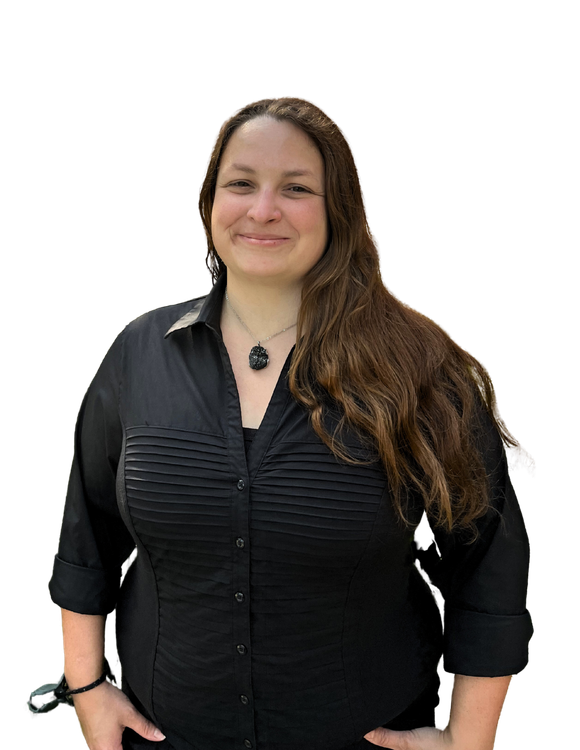 A smiling person with long brown hair wearing a black button-down shirt.