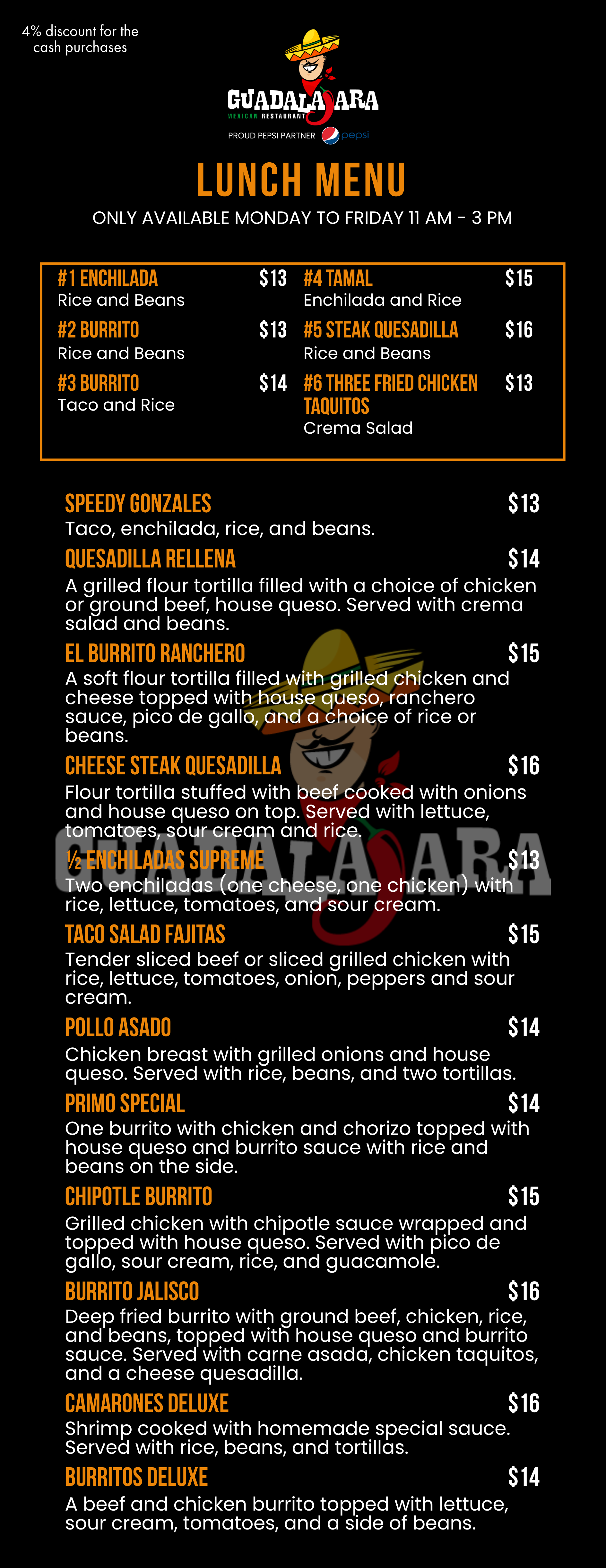 Lunch menu for a restaurant, with text on a black background. Includes items and prices.