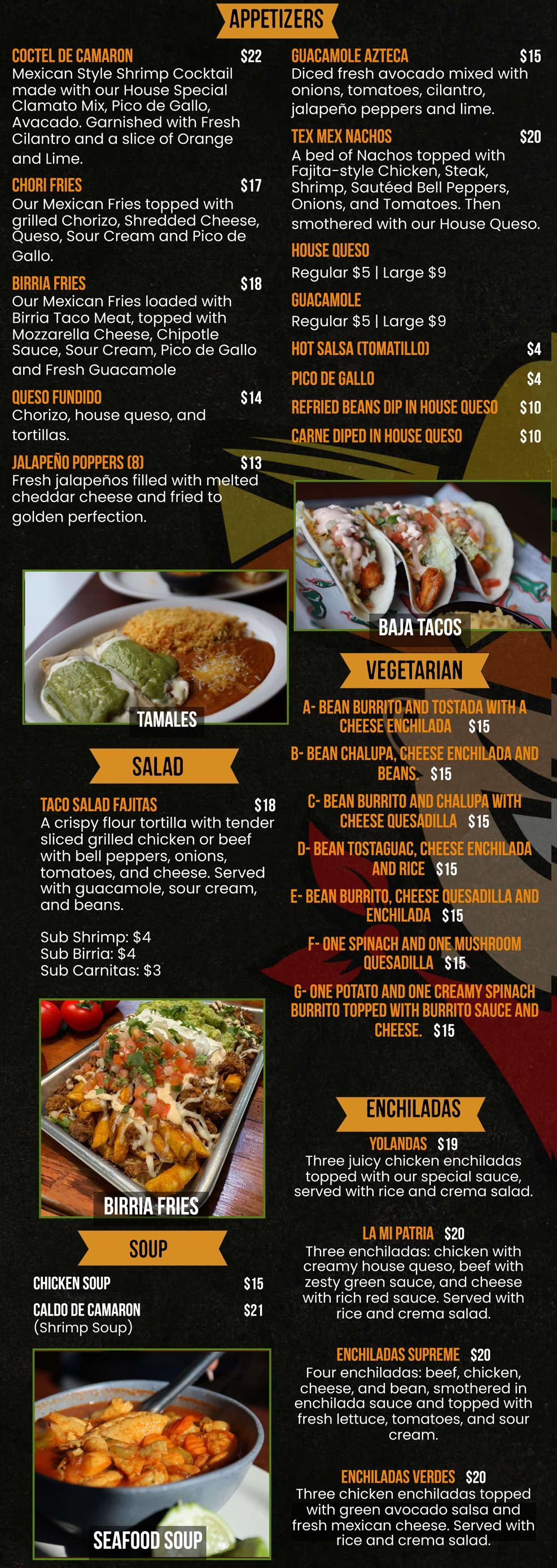 Menu with food items and prices, with photos of tacos, enchiladas, and other dishes.