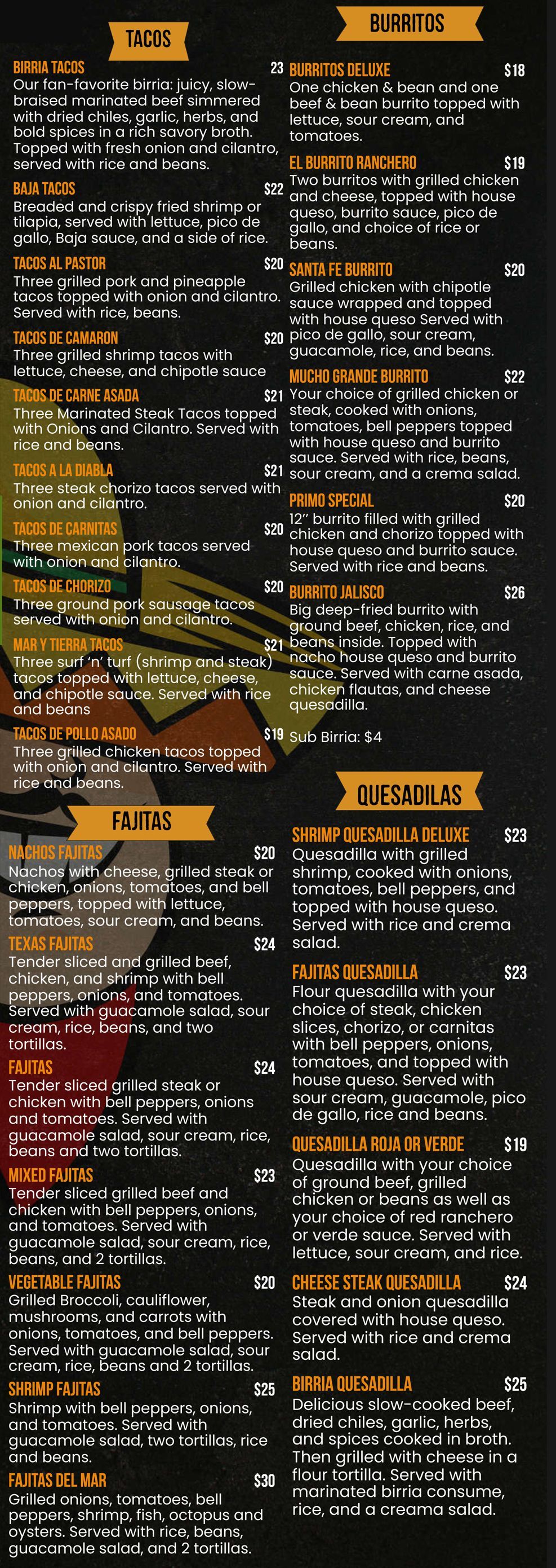 Menu with categories like salad, sandwiches, and BBQ on a dark background.