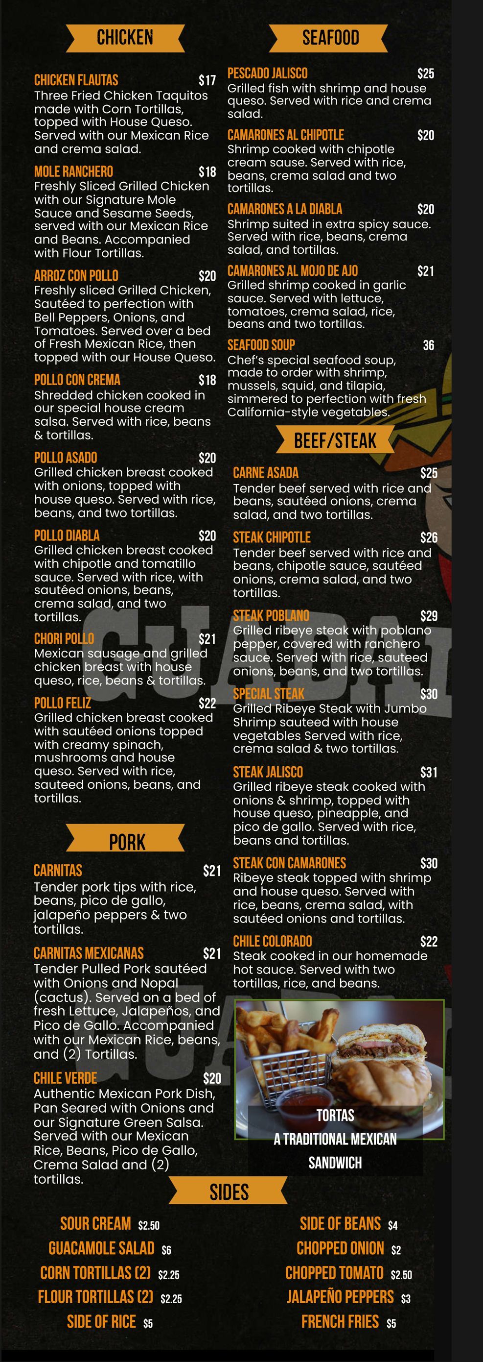 Menu with food items and prices on a black background. Includes sections for appetizers, entrees, and sides.