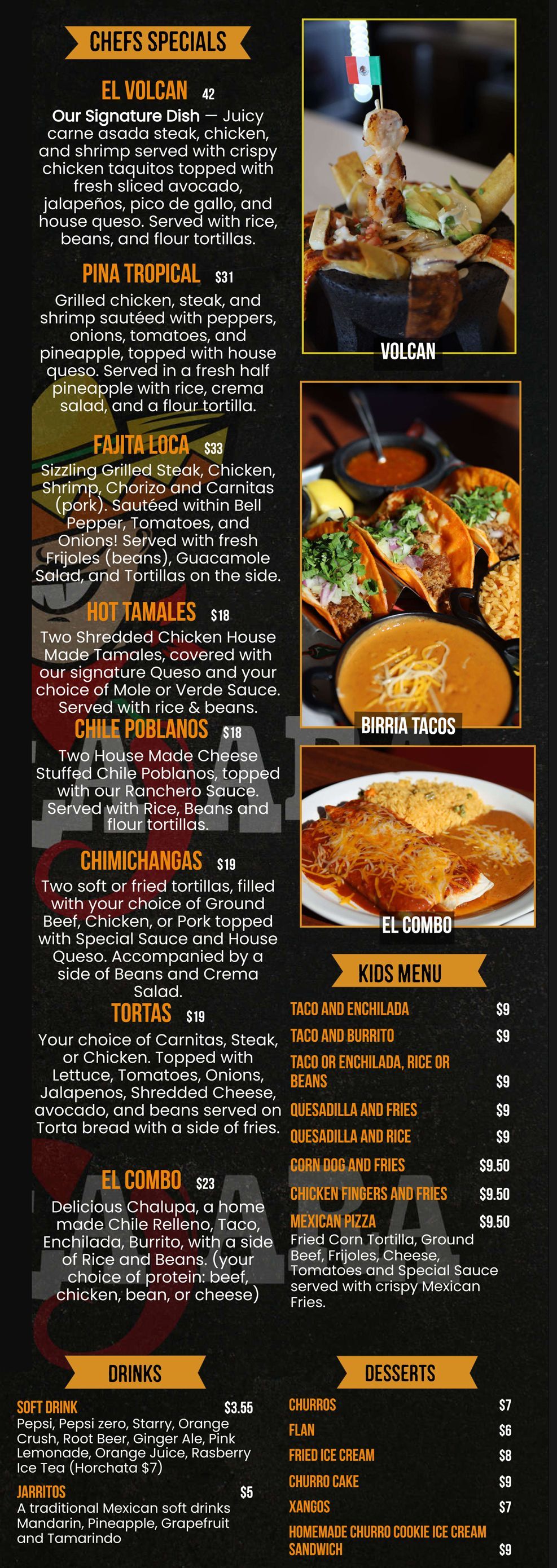 Menu for a restaurant with various food options and prices displayed.